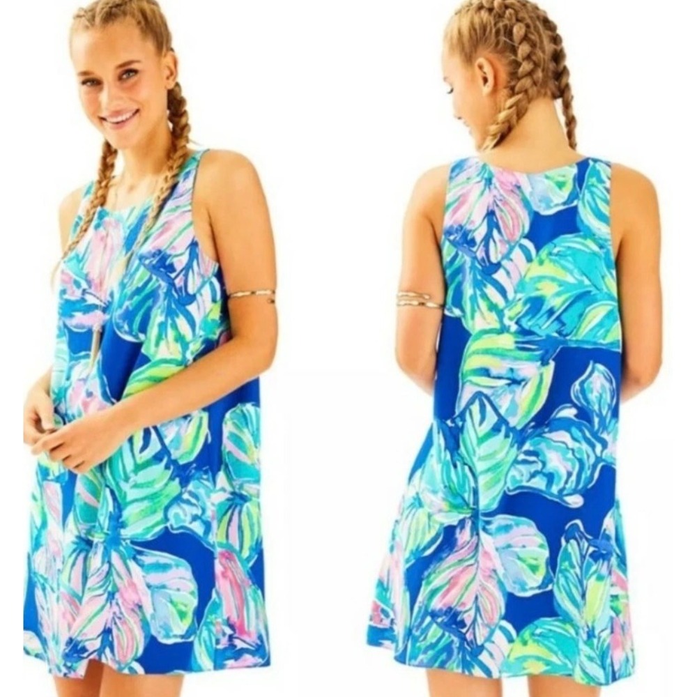 Lilly Pulitzer‎ Blue Tropical Leaf Fish Print Sleeveless Shift Dress XXS